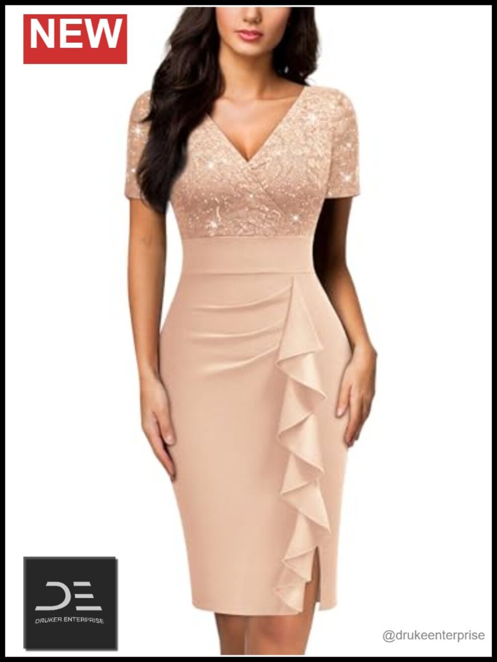V Neck Sequin Lace Ruffle Cocktail Party Dress